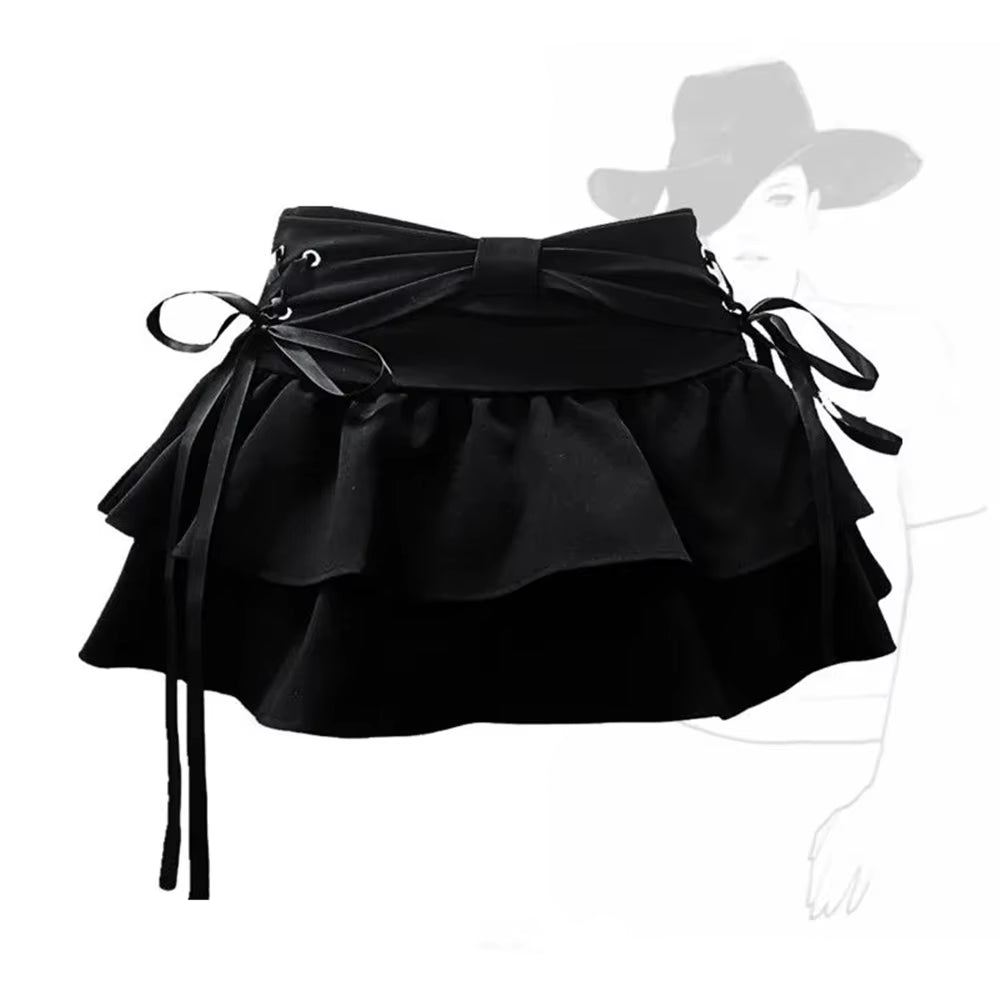 Y2K Bow Ruffle Denim Mini Skirt – Cute Kawaii Streetwear Skirt