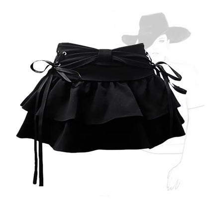 Y2K Bow Ruffle Denim Mini Skirt – Cute Kawaii Streetwear Skirt