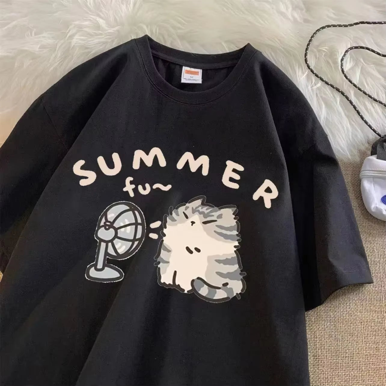 Creative Cat & Fan Graphic T-Shirt for Women - Summer Relaxed Short Sleeve Couple Style