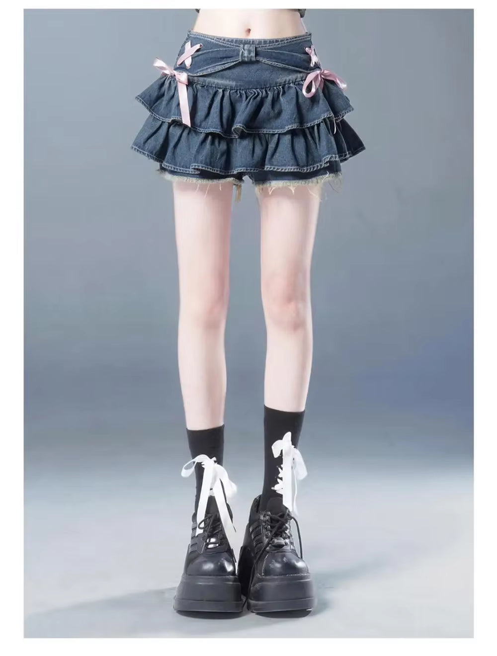 Y2K Bow Ruffle Denim Mini Skirt – Cute Kawaii Streetwear Skirt