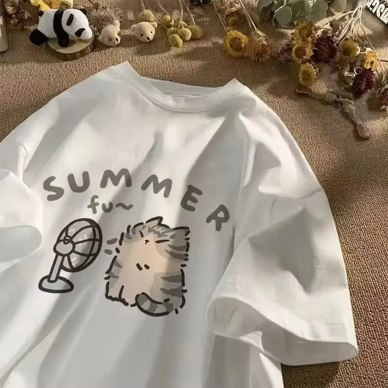 Creative Cat & Fan Graphic T-Shirt for Women - Summer Relaxed Short Sleeve Couple Style