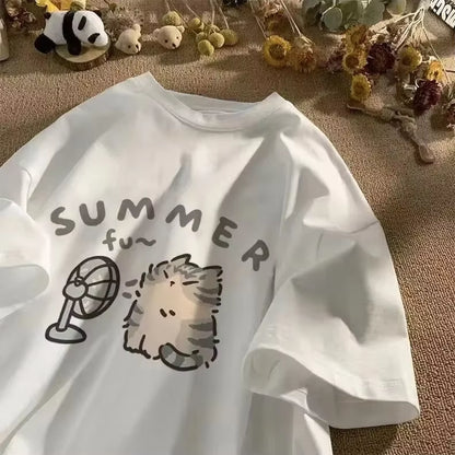 Creative Cat & Fan Graphic T-Shirt for Women - Summer Relaxed Short Sleeve Couple Style