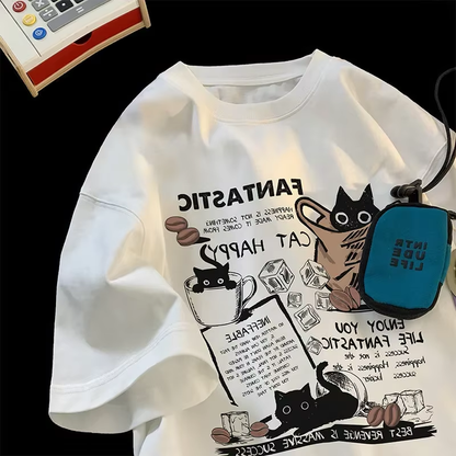Cute Happy Cat Oversized Summer Graphic Tee for Women