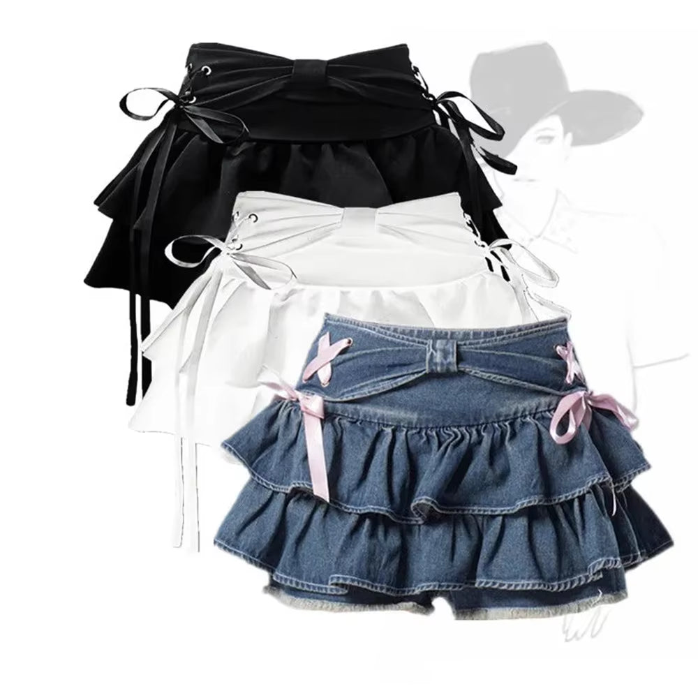 Y2K Bow Ruffle Denim Mini Skirt – Cute Kawaii Streetwear Skirt