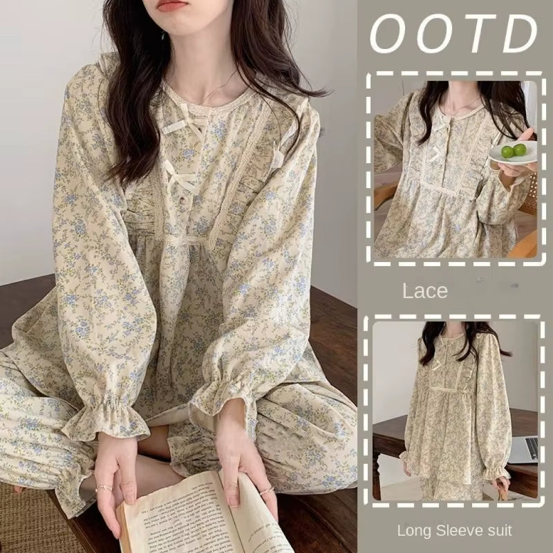 Vintage Floral Cozy Pajama Set for Women – Soft Autumn Lounge Sleepwear