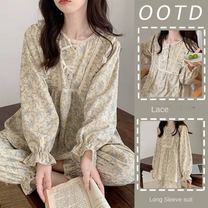 Vintage Floral Cozy Pajama Set for Women – Soft Autumn Lounge Sleepwear