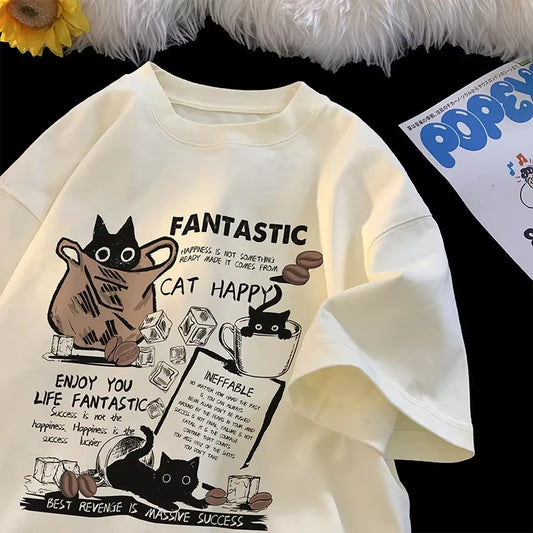 Cute Happy Cat Oversized Summer Graphic Tee for Women